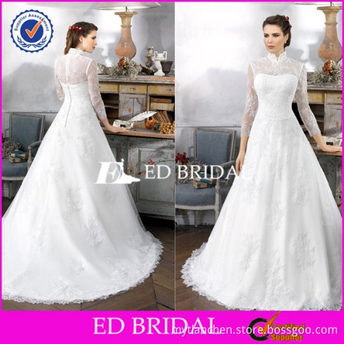 CE490 Unique A-Line Covered Back Appliqued Lace Long Sleeve High Collar Wedding Dress